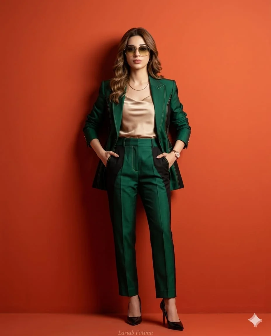 Hyper-Realistic Fashion Portrait with Emerald Silk-Wool Suit