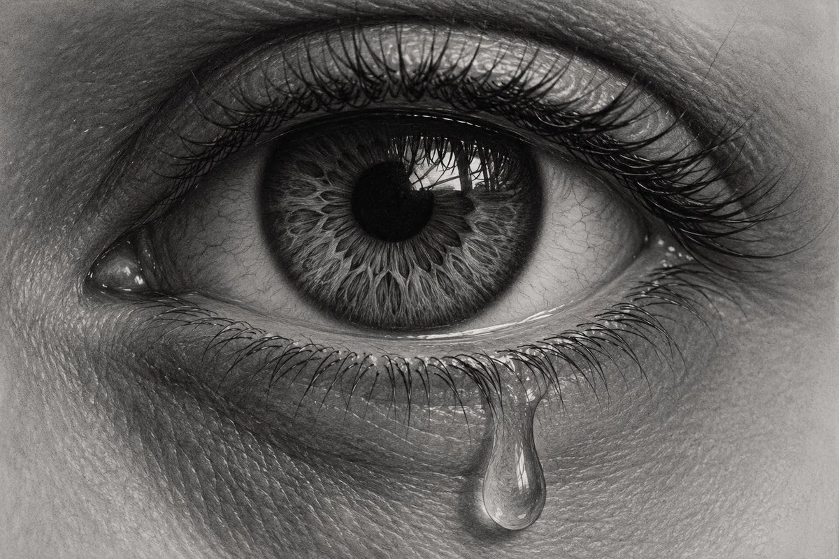 Hyper-realistic graphite eye with tear and intricate iris details