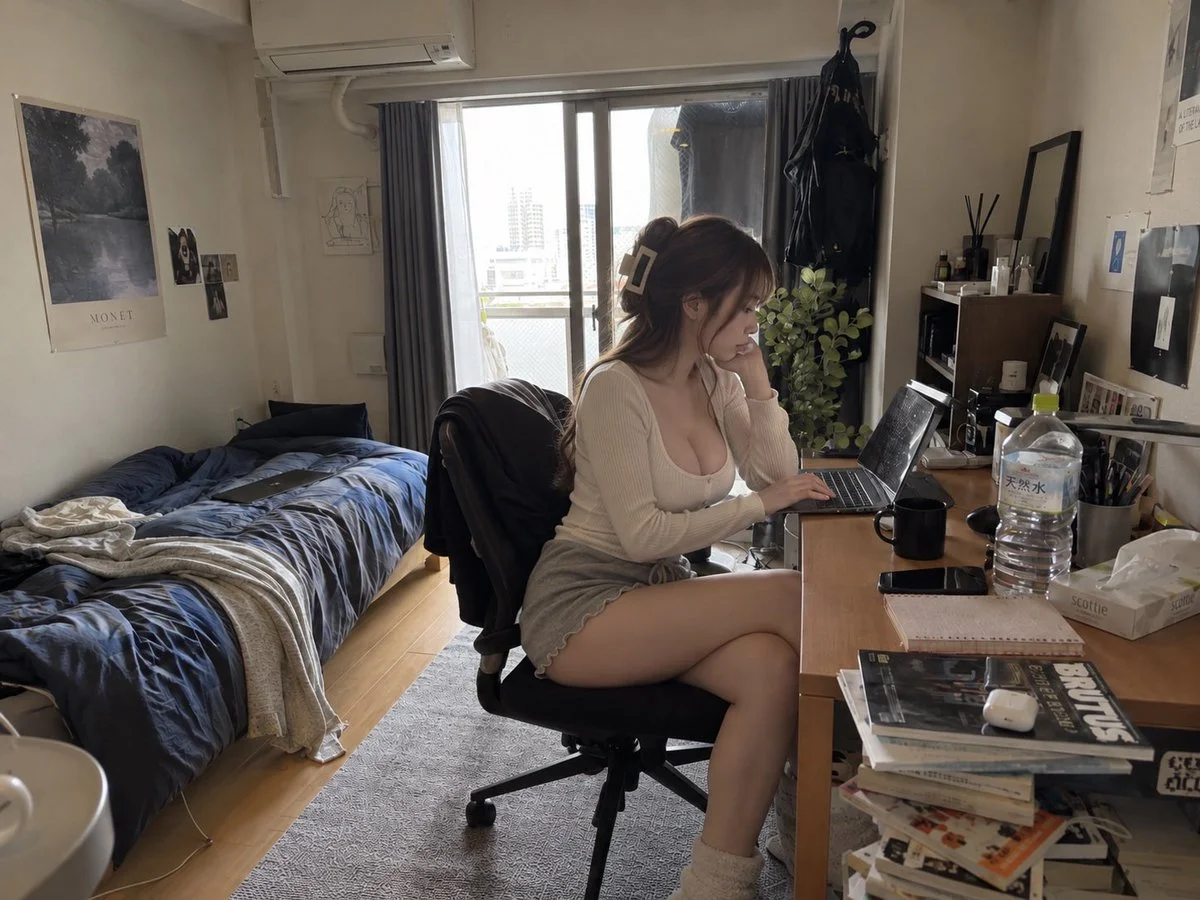 Hyper-realistic Japanese woman appears naturally in real room photo