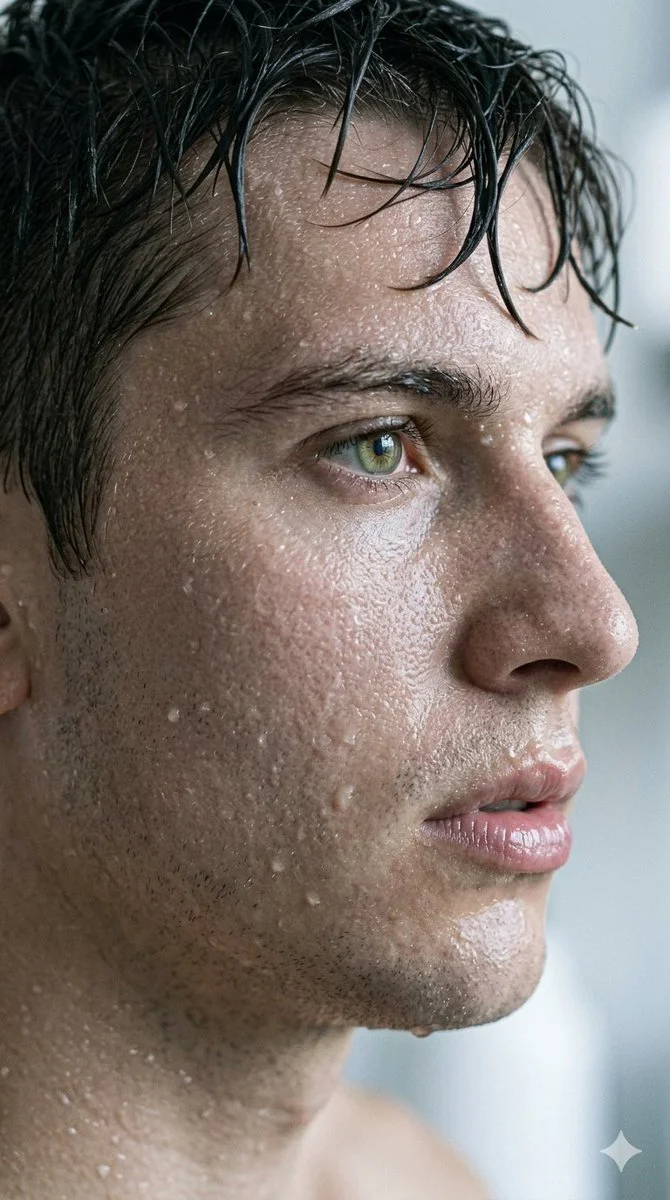Hyper-Realistic Macro Portrait of a Young Man’s Moist Skin and Intense Gaze