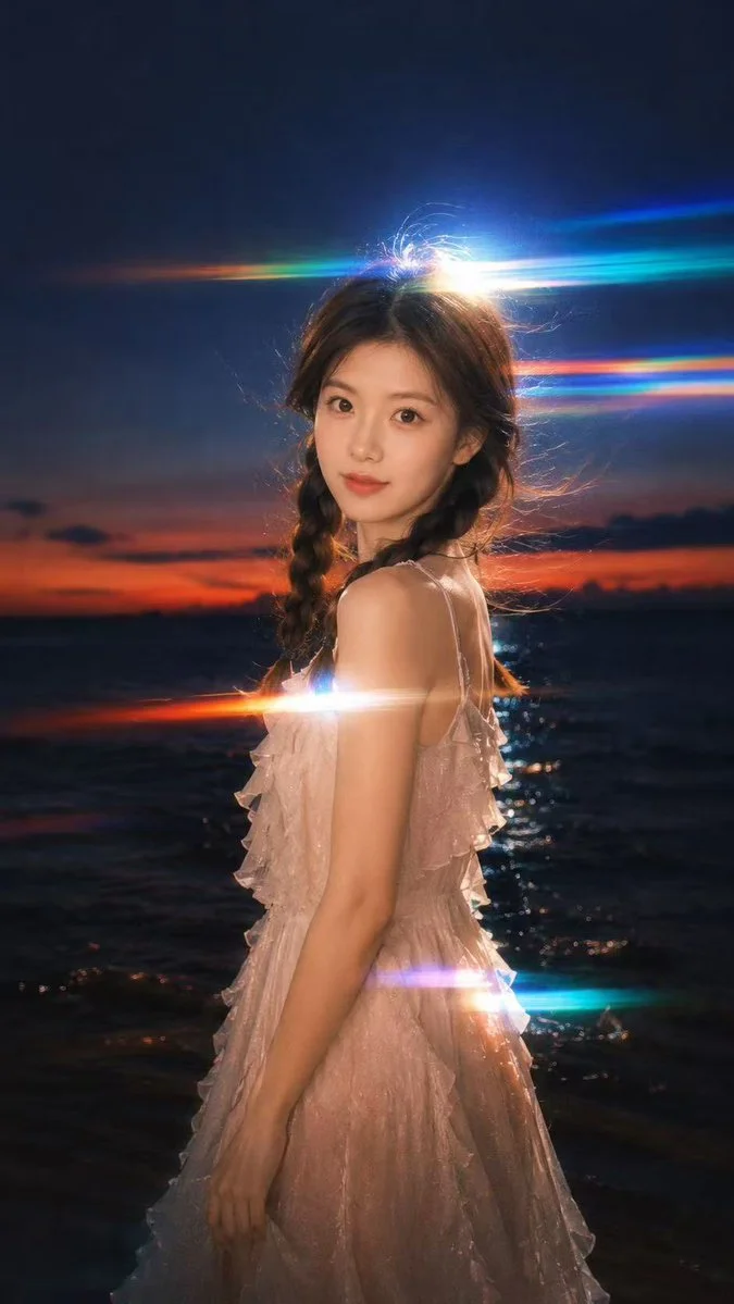 Hyper-Realistic Night Portrait with Rainbow Prism Effects
