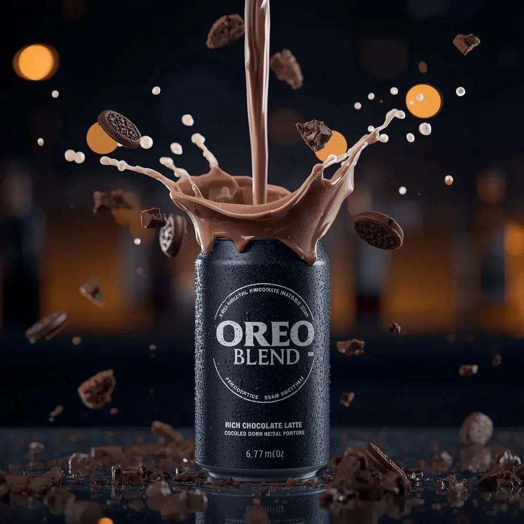 Hyper-Realistic Oreo Blend Can with Dynamic Chocolate Splash