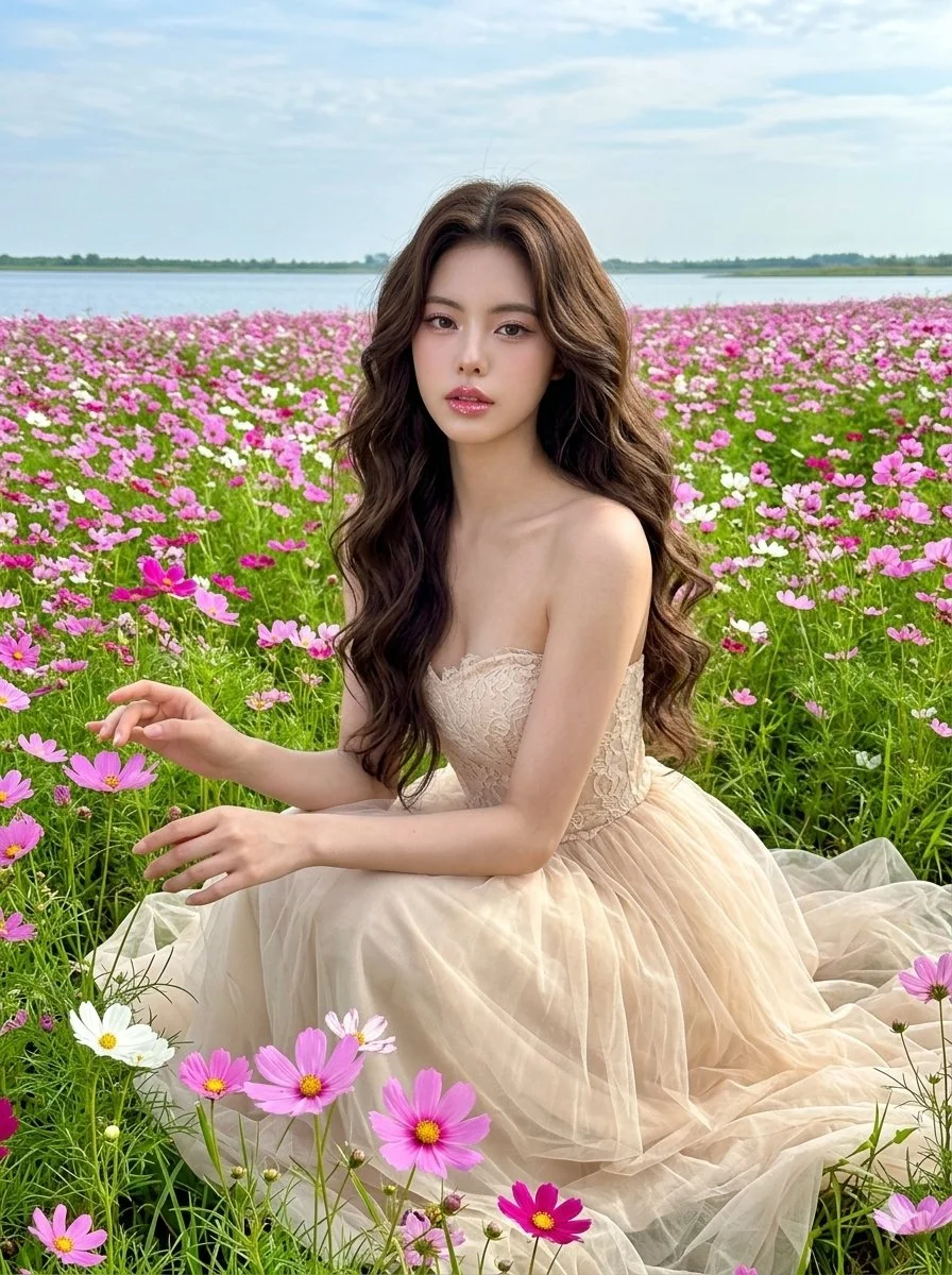 Hyper-Realistic Portrait in Blooming Cosmos Field