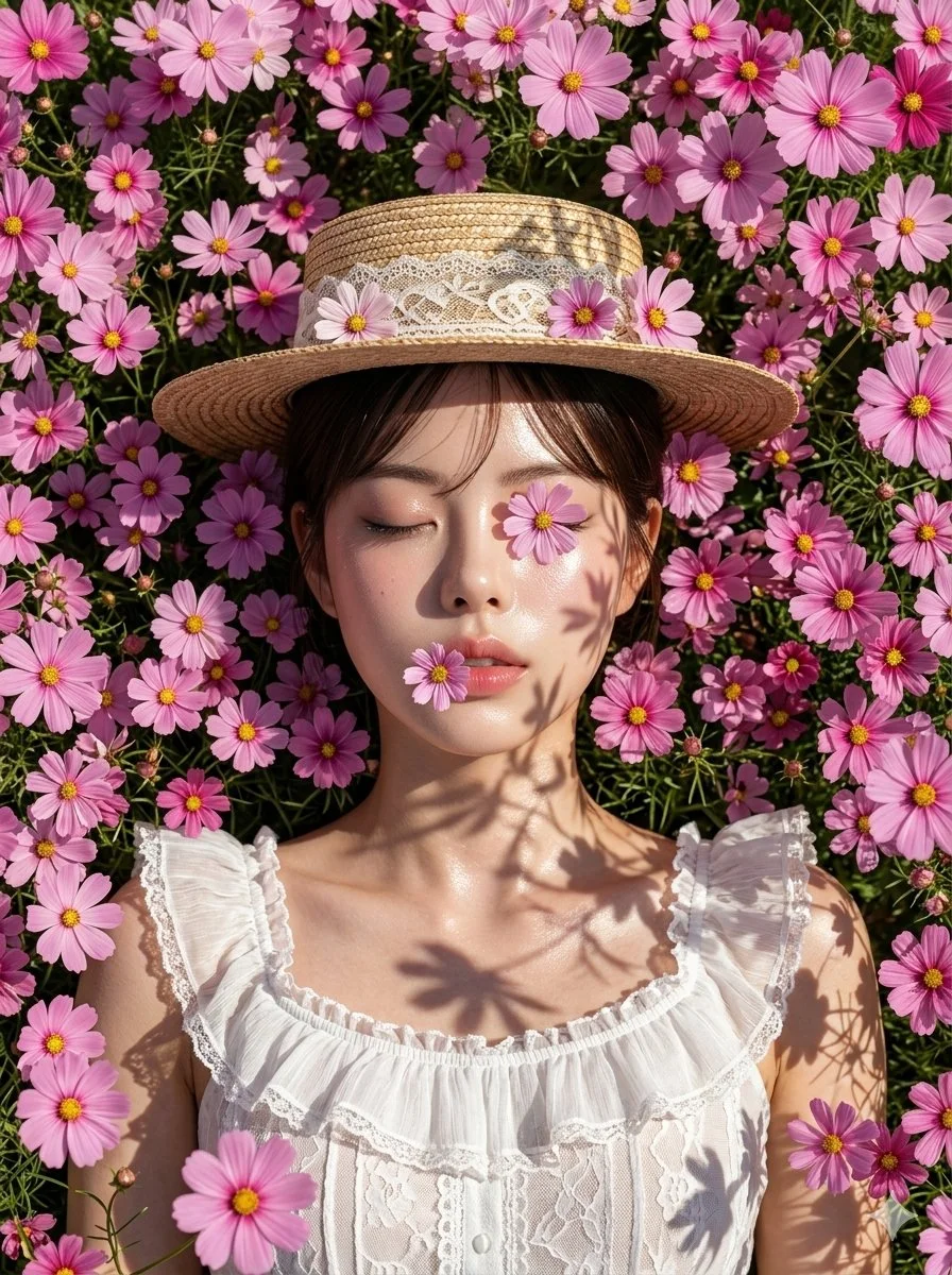 Hyper-Realistic Portrait in Pink Cosmos with Dappled Sunlight