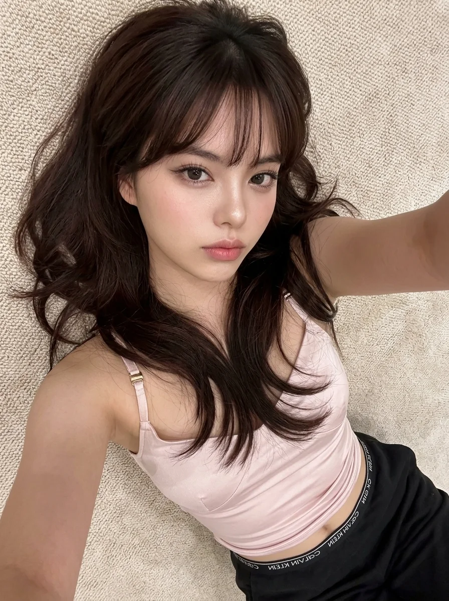 Hyper-Realistic Portrait of a Reclining Woman in Soft Satin and Casual Wear