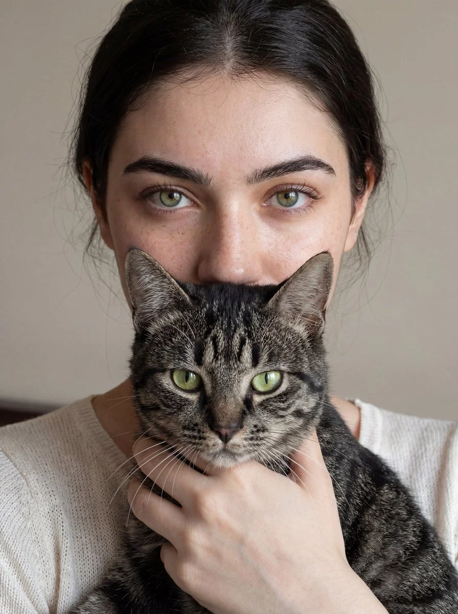 Hyper-Realistic Portrait of Woman and Tabby Cat in Natural Light