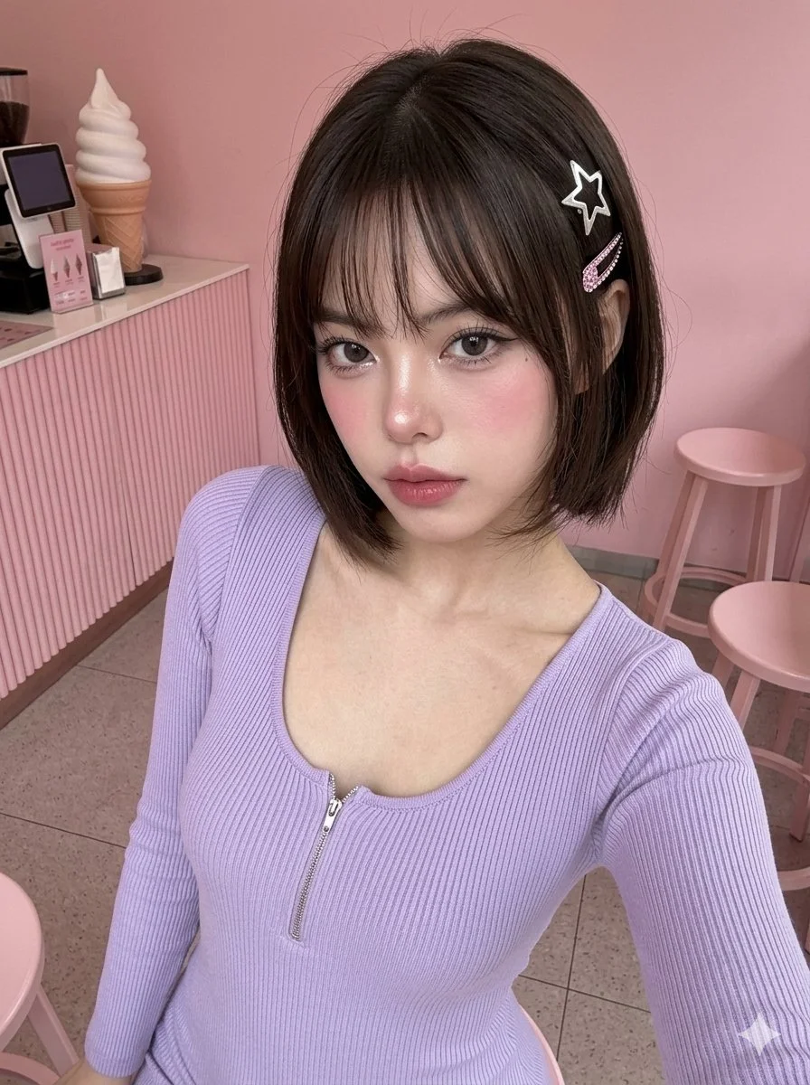 Hyper-Realistic Selfie of Young Woman with French Bob in Pastel Parlor