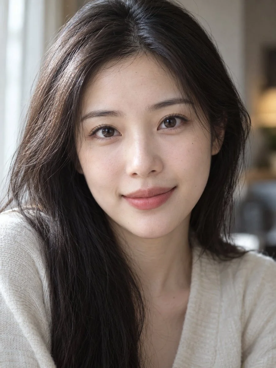 Hyperreal close-up of an Eastern woman's face at f/1.4 aperture