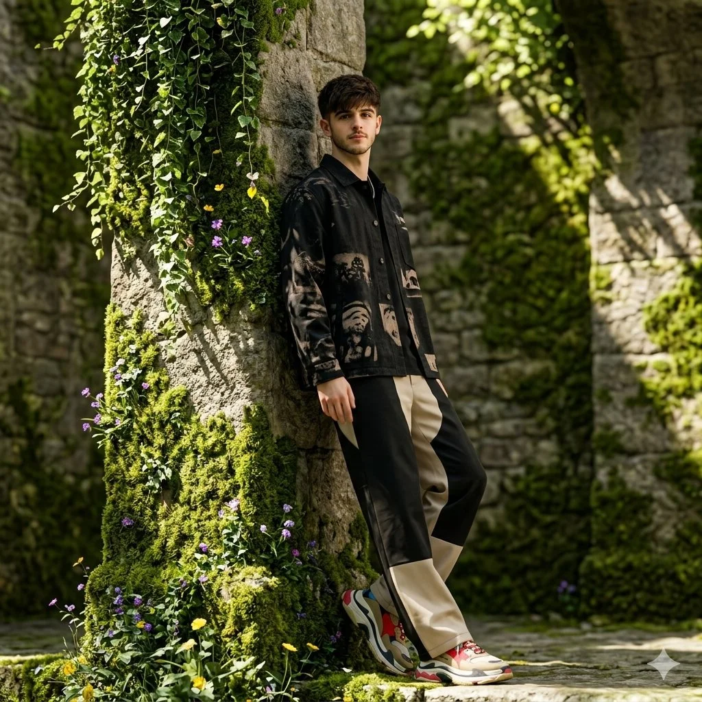 Hyperrealist Portrait of Modern Youth Beside Mossy Column