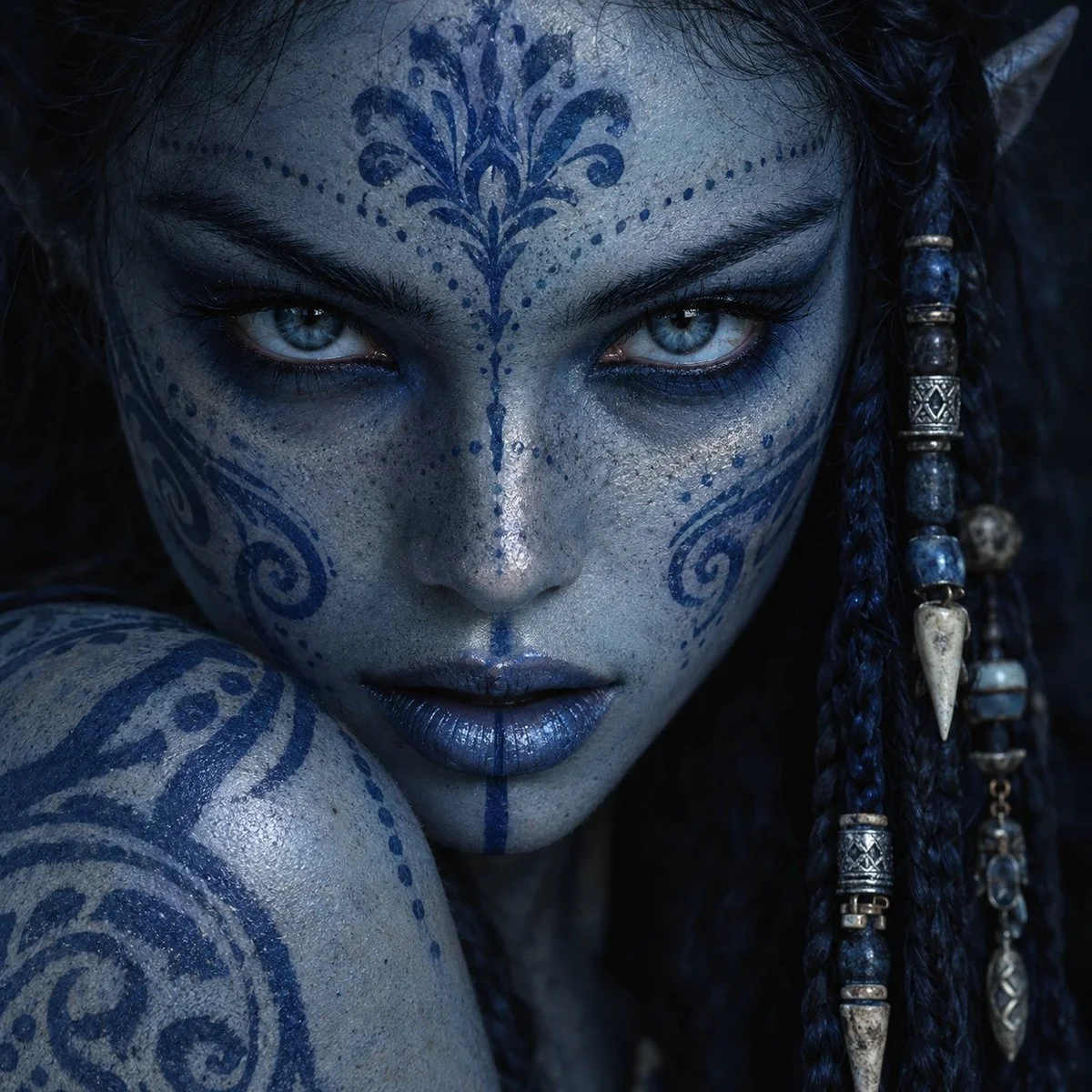 Ice-Blue Tribal Warrior Woman Stares Intensely in Cinematic Close-Up