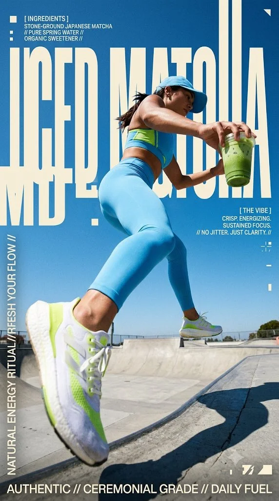 Iced matcha explodes through giant cream letters under bright sky