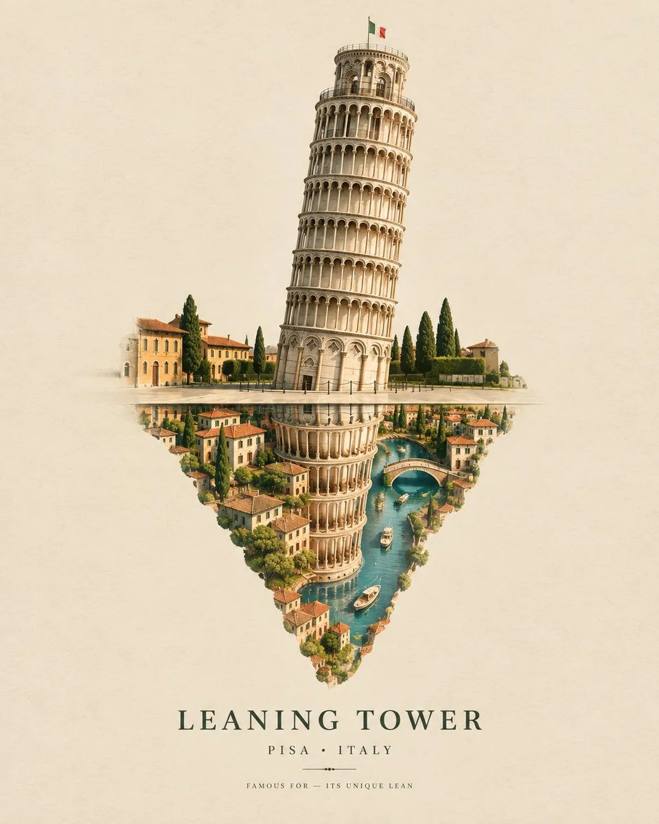 Iconic Landmark Reflects Tiny Dreamlike City in Surreal Travel Art