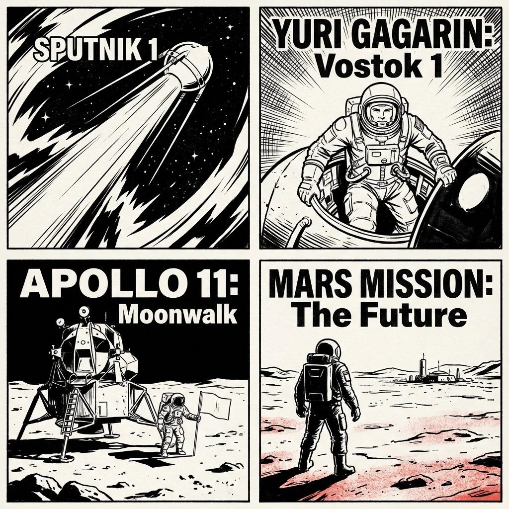 Iconic Space Milestones Rendered in Bold Comic Ink Style