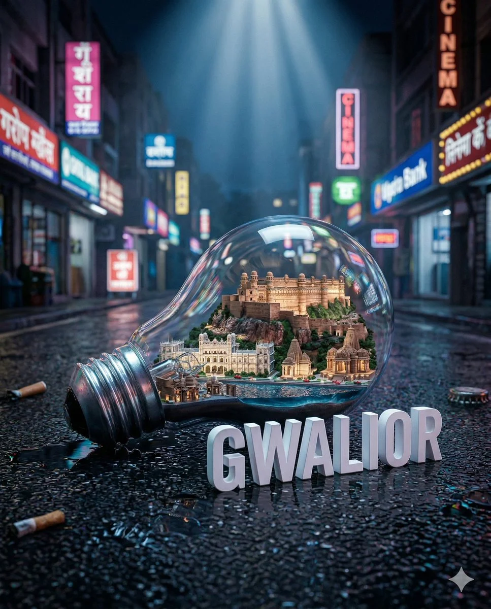 Illuminated Cityscape in a Light Bulb on Rainy Asphalt