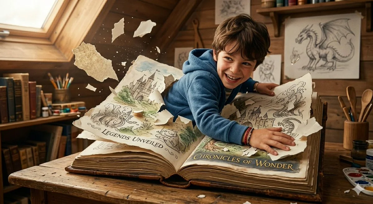 Imagination Unleashed: A Boy's Journey Through Pages