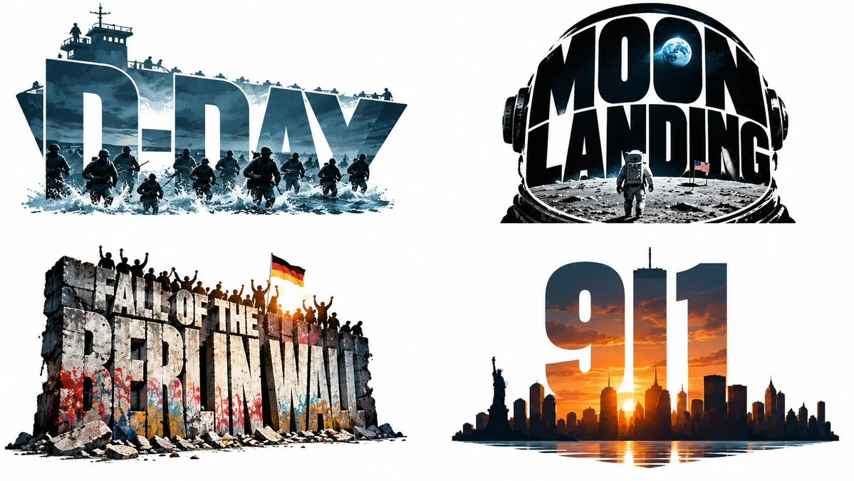Impactful typography morphs into symbols for four pivotal historic moments