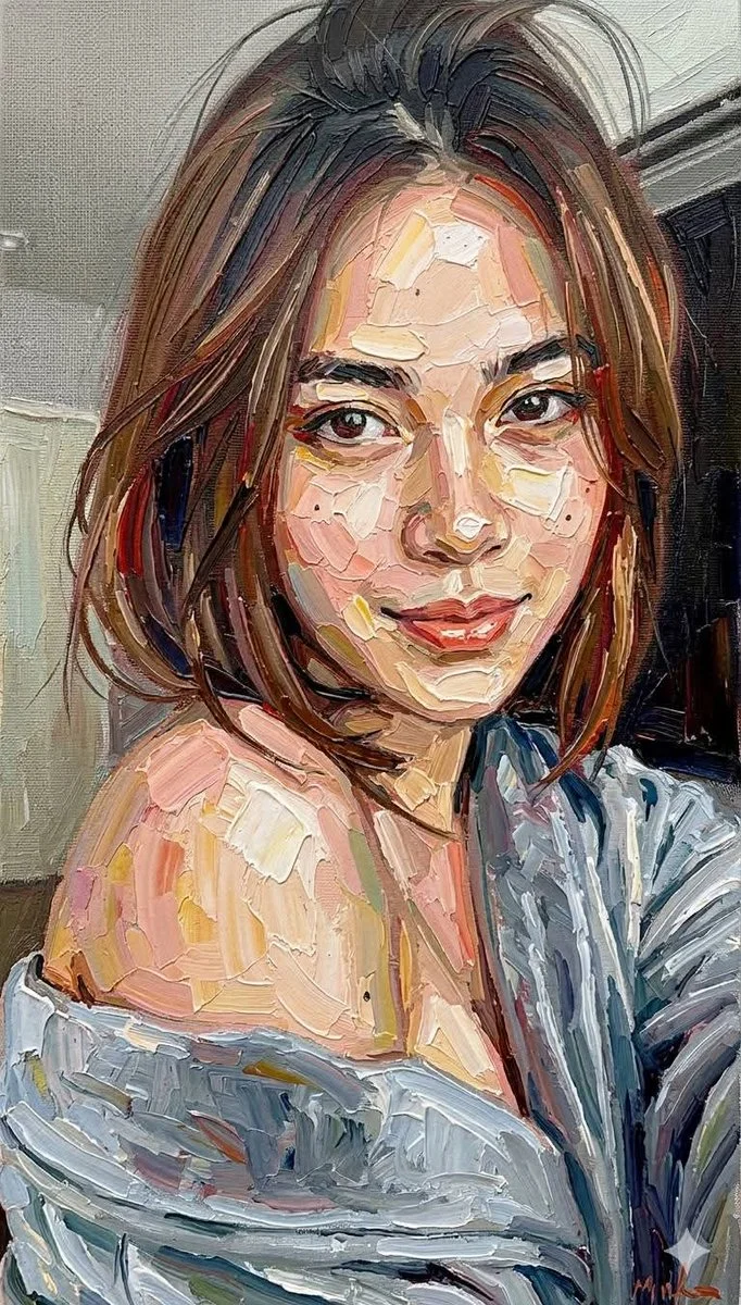 Impasto portrait glows with vibrant colors and thick brushstrokes