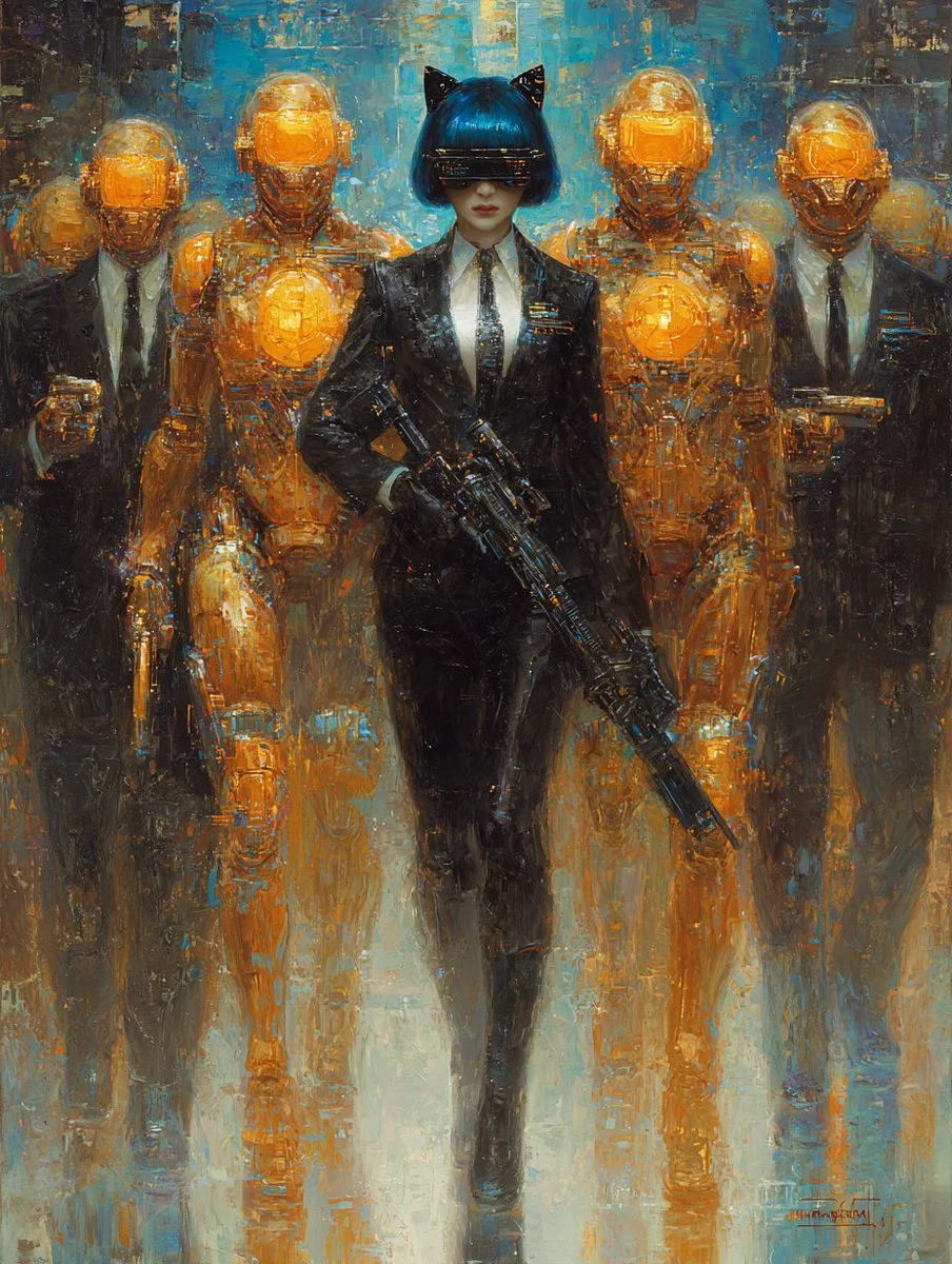 Impressionist oil painting shows a blue-haired commander flanked by androids