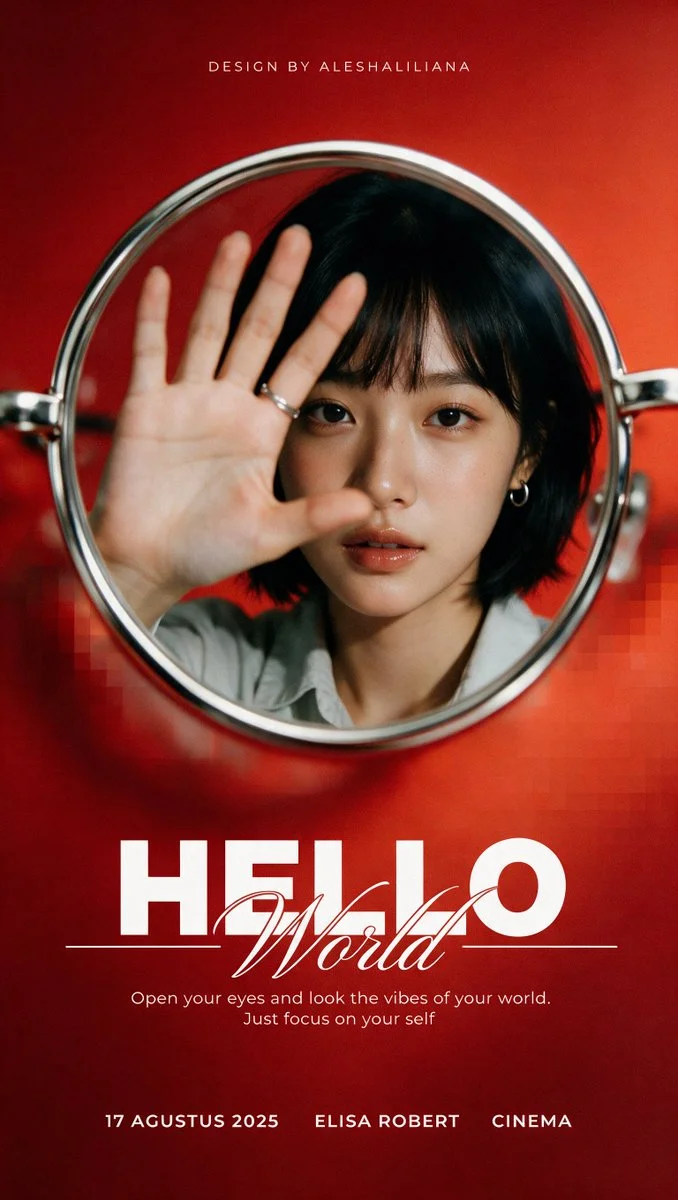 In a bold red poster, a round portal frames a woman's portrait