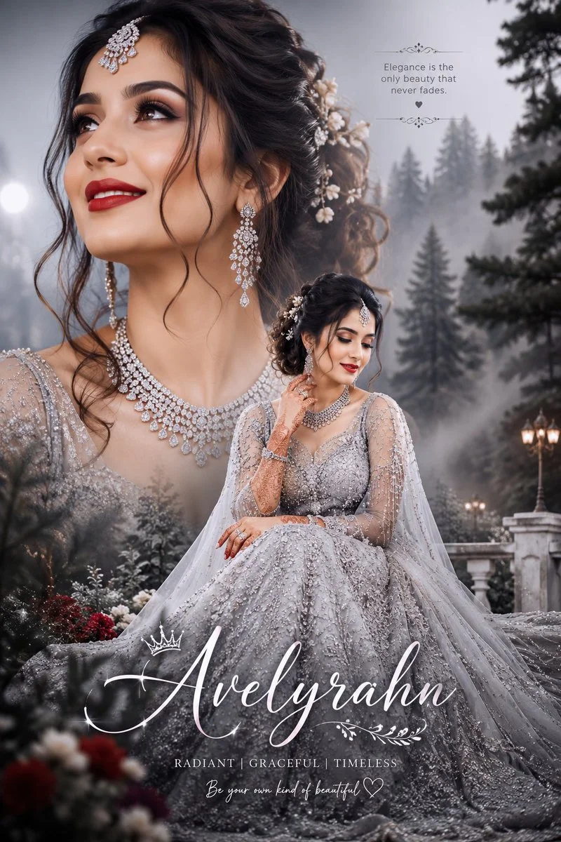 Indian bride in silver lehenga poses amid misty forest glow