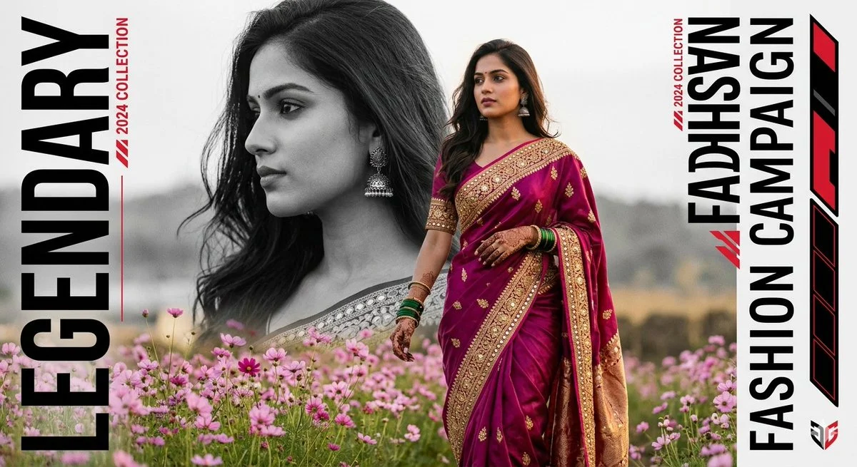 Indian model walks through pink cosmos in magenta saree