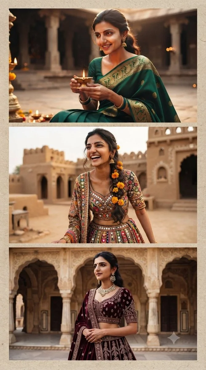 Indian woman in three traditional styles from temple to palace