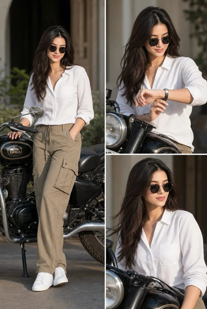 Indian woman poses with vintage motorcycle in three-panel collage.