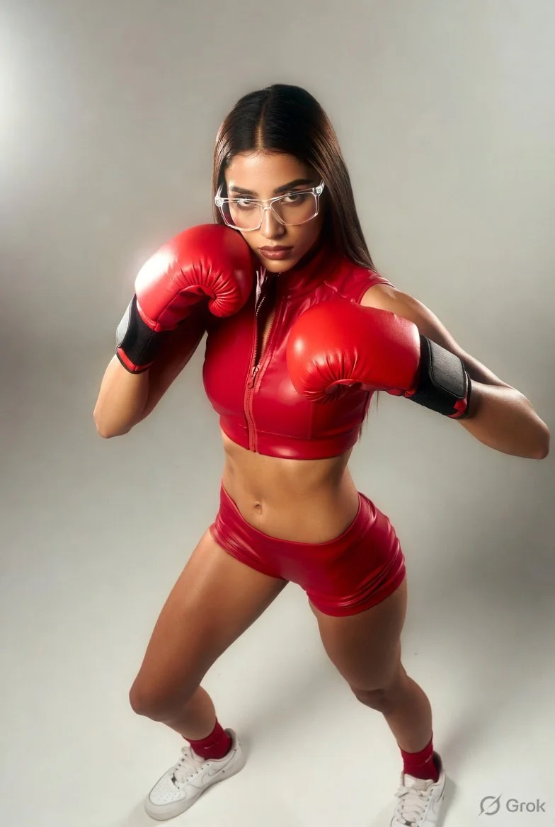 Indian woman with boxing gloves stands ready in studio light