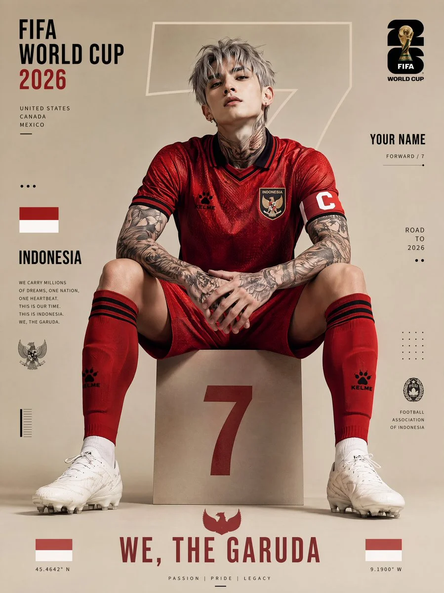 Indonesian footballer with silver hair poses on block number 7