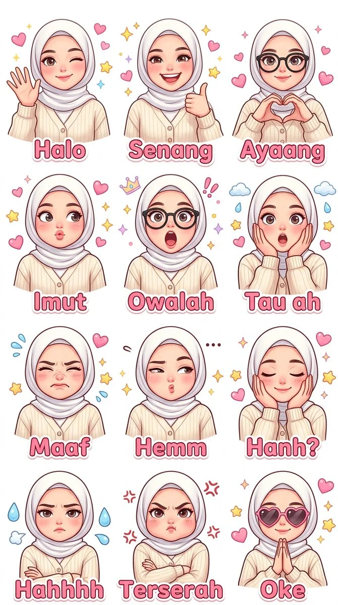 Indonesian hijabi woman with 12 cute expressions on sticker sheet