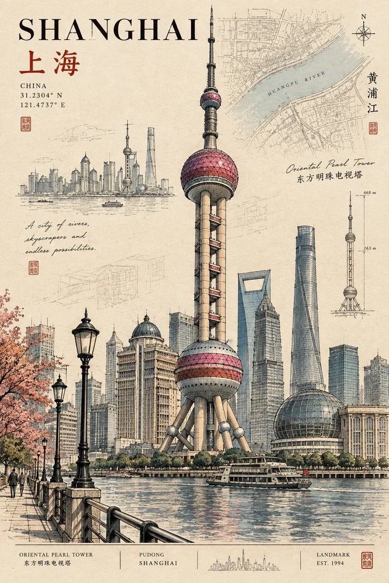 Ink-Drawn Architectural Postcard Reveals City Landmark in Precise Lines