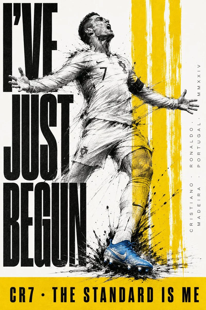 Ink illustration of Ronaldo with photorealistic boot explosion