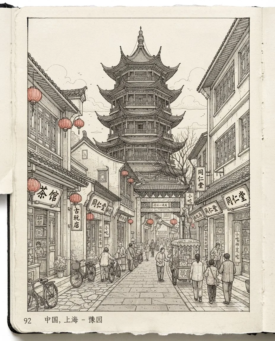 Ink sketch captures a historic city street with fine cross-hatching detail