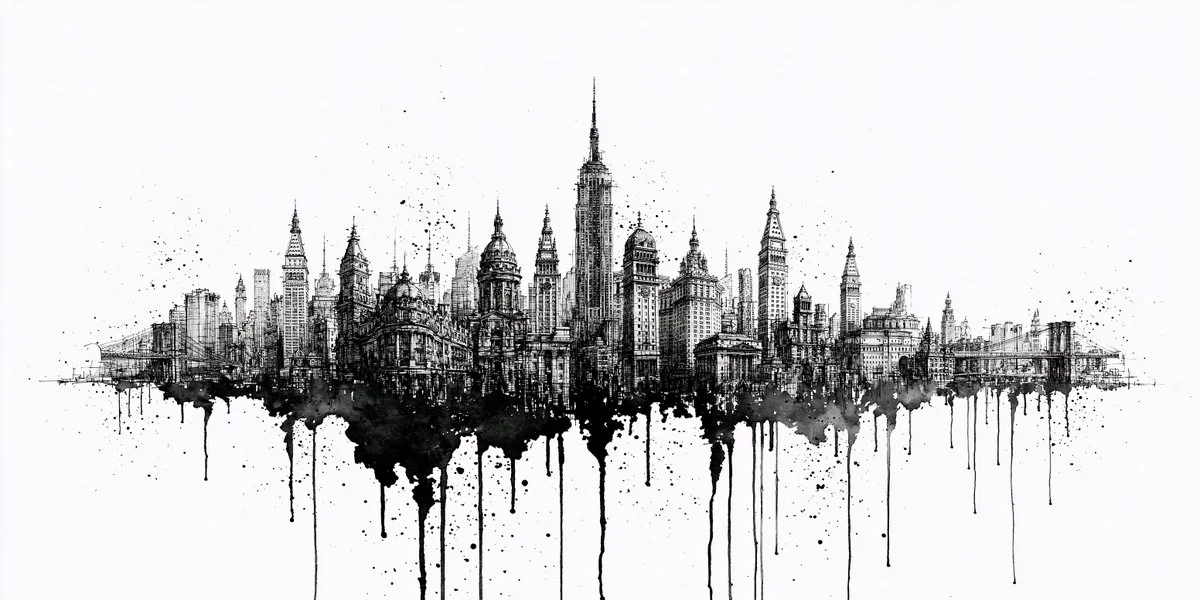 Ink sketch of a city skyline dissolving into watercolor pools