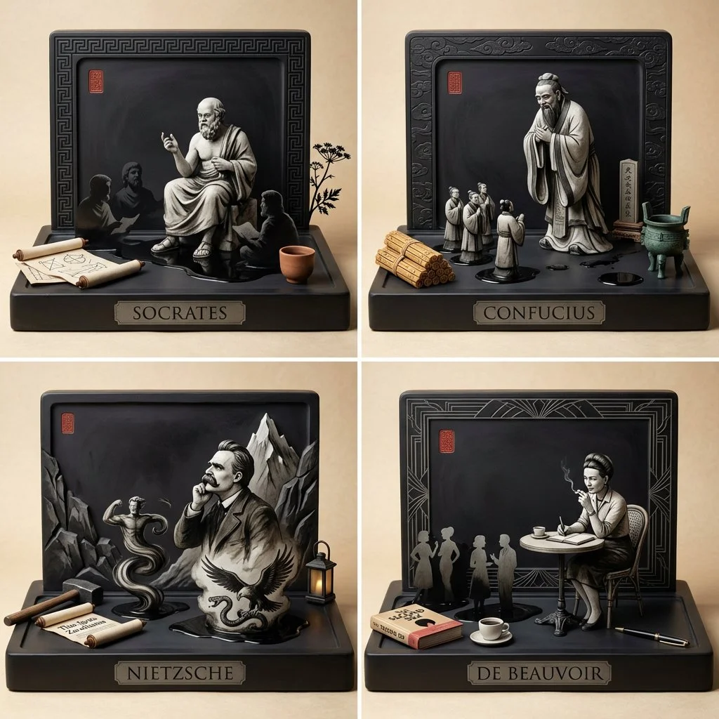 Inkstone Reverie: Socrates Contemplates Wisdom Amid Ethereal Spirits