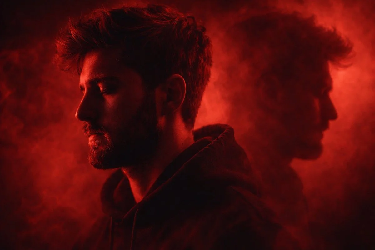 Inner Duality Captured Through Dramatic Red Lighting