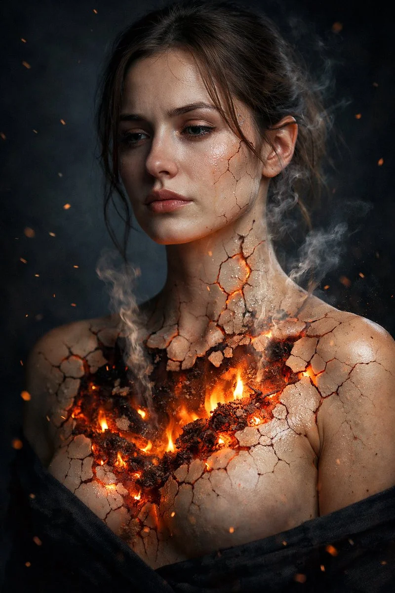 Inner Fire: Surreal Portrait of Concealed Emotional Struggle