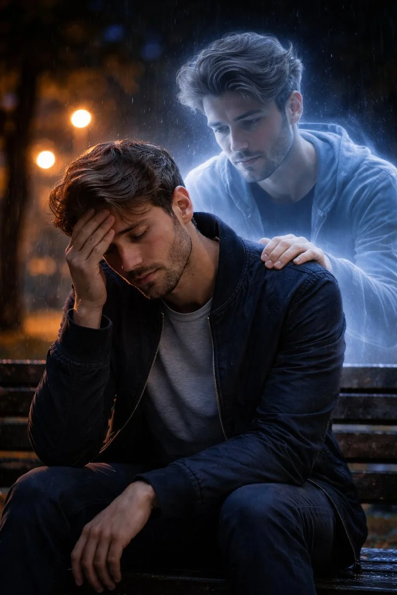 Inner Strength Revealed: Ethereal Presence Consoles Man in Night Rain