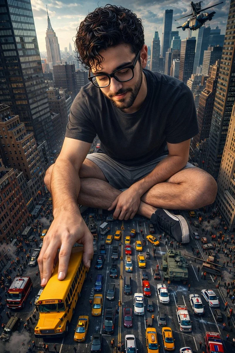 Innocence Towering Over City Life: The Gentle Giant's Playtime