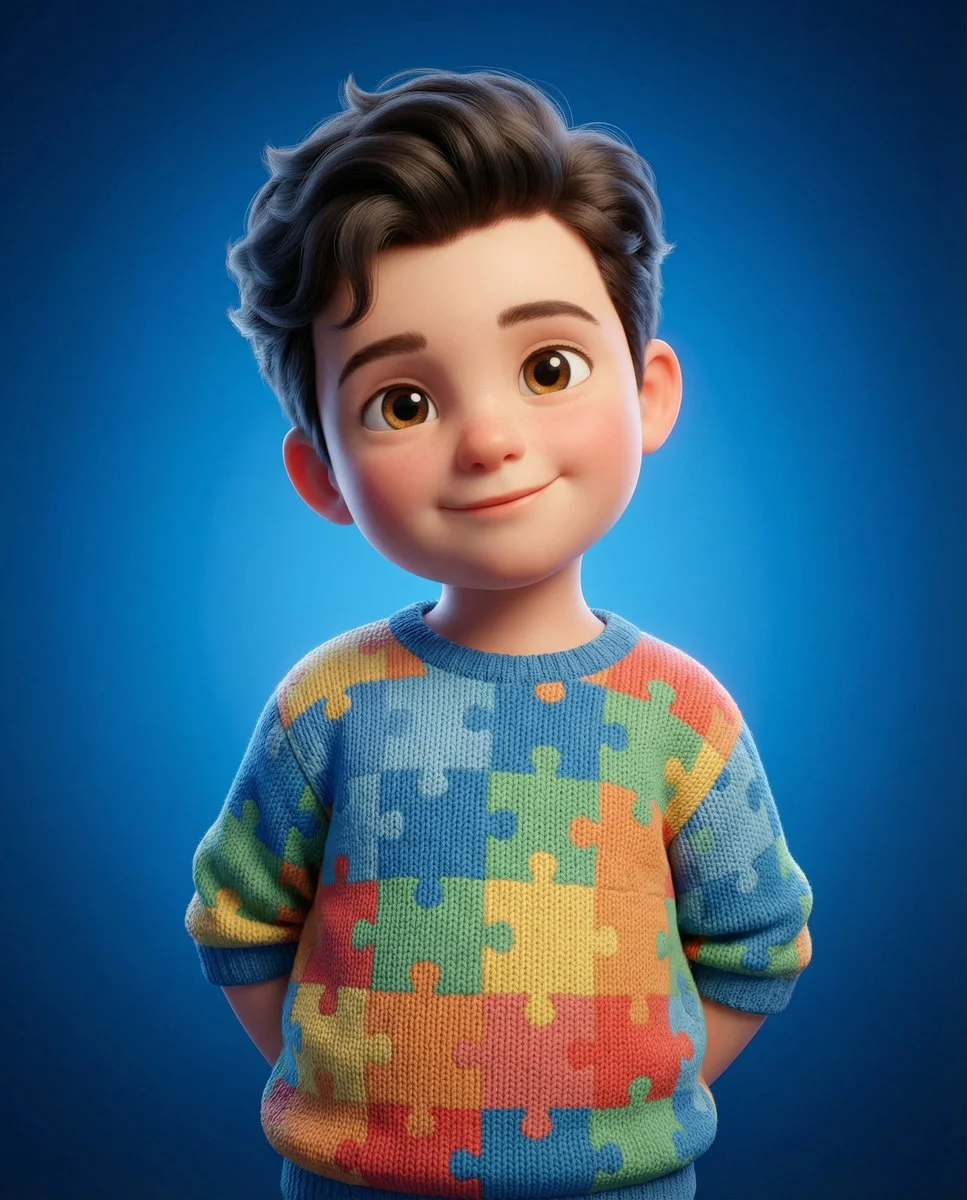 Innocent Charm: Soft 3D Render of a Childlike Character in Puzzle Sweater