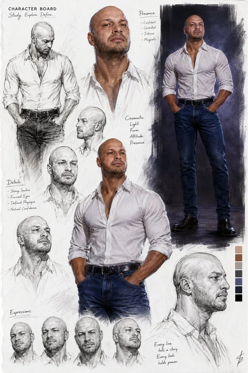 Intense bald man with short beard in multiple portrait studies