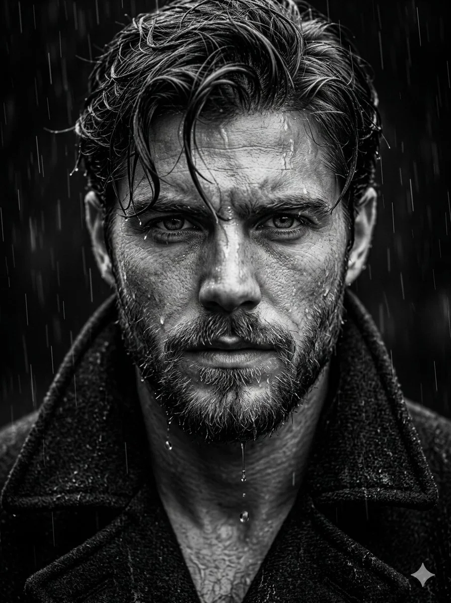 Intense Black and White Portrait of a Rain-Soaked Man