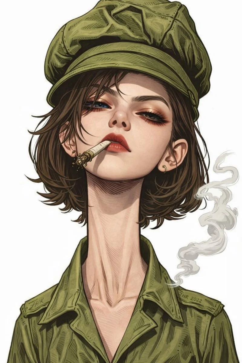 Intense Character Study: Woman in Green Military Uniform