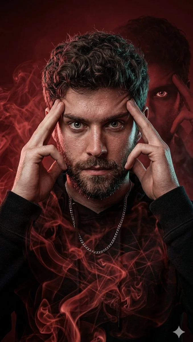 Intense Focus: Cinematic Portrait of a Man Amid Red Mist