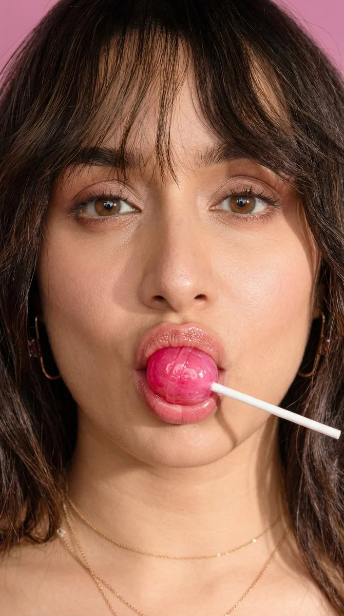 Intense Gaze and Lollipop: Hyper-Realistic Extreme Close-Up Portrait
