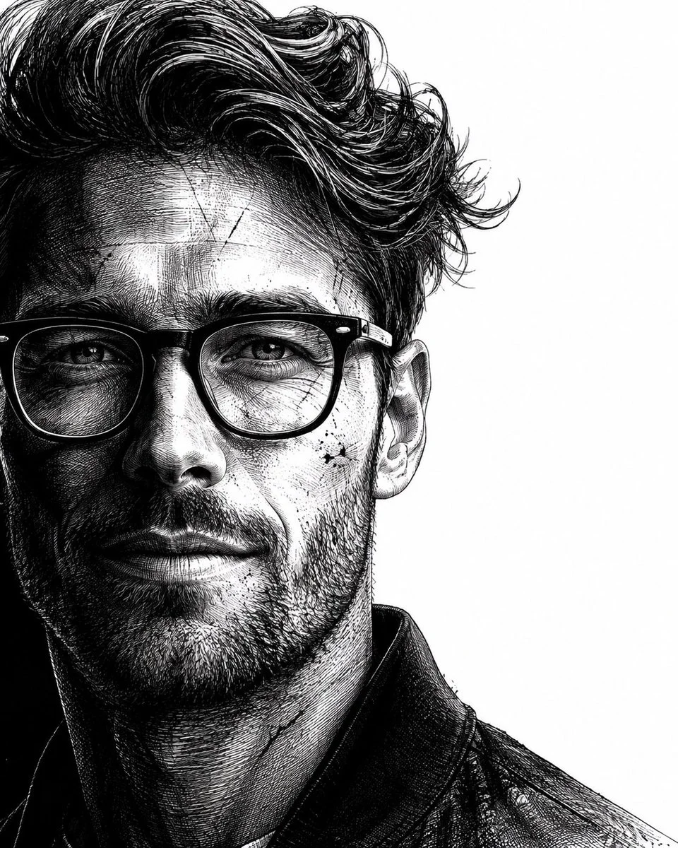 Intense gaze emerges from ink shadows in neo-noir portrait