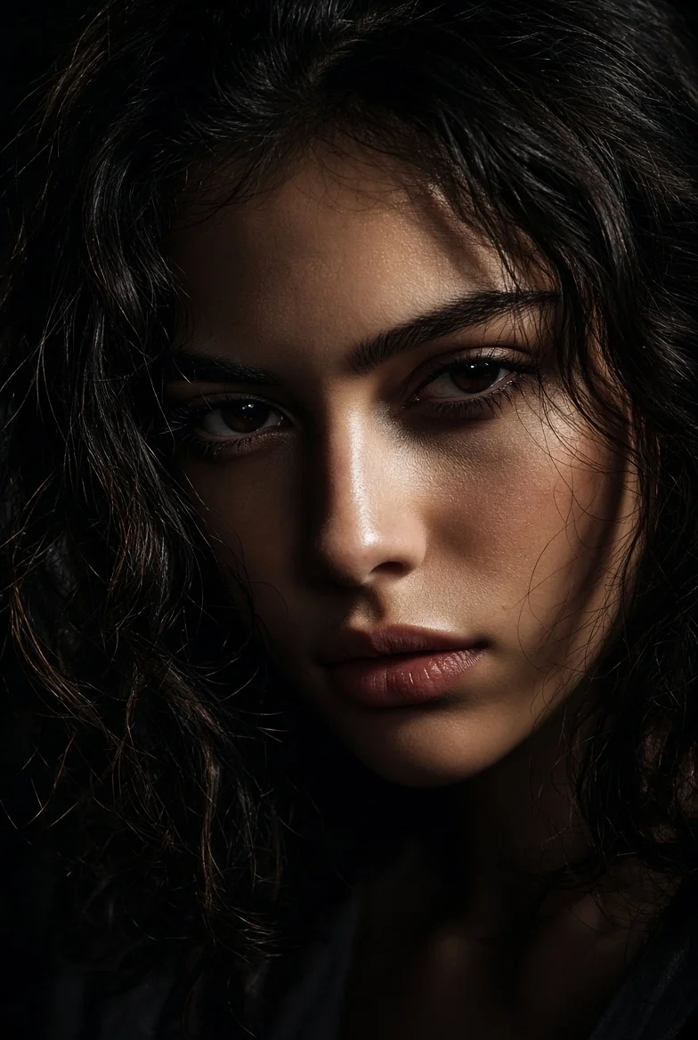 Intense Gaze Emerges From Shadows in Moody Portrait