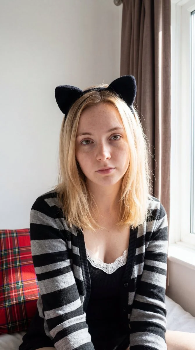 Intense Gaze of a Freckled Blonde in Soft Sunlight