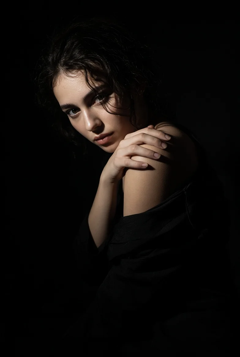Intense gaze of a woman in dramatic low-key studio portrait