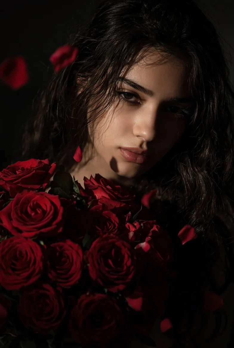 Intense Gaze of Woman with Damp Hair and Velvet Roses